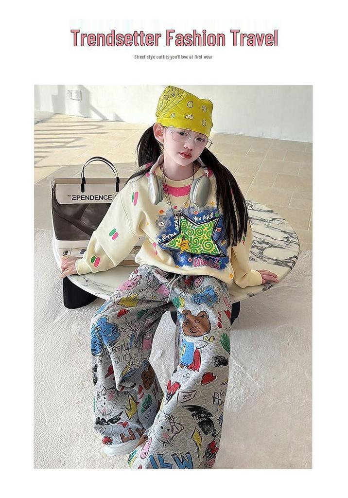 Girls' Trendy Korean Style Hoodie & Wide-Leg Pants Set with Cartoon Design - Casual Spring/Autumn Two-Piece Sportswear
