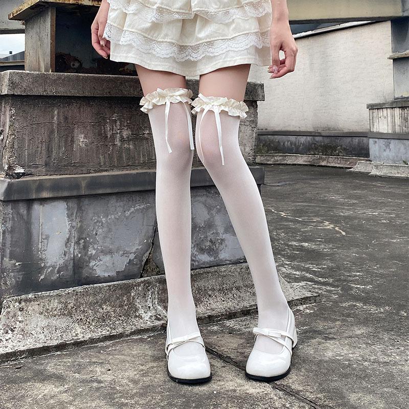 Japanese Jk Wind Bow Lace Knee Socks Women Ins Summer Thin Cute Girl White Leg Stockings