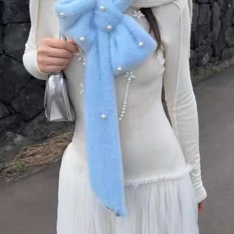 

Fluffy Bow Scarf with Beads Creative Personality Kawaii Cute Winter Warm Fashion Scarves Sweet Neck Warmer Subculture Accessory One Size синий