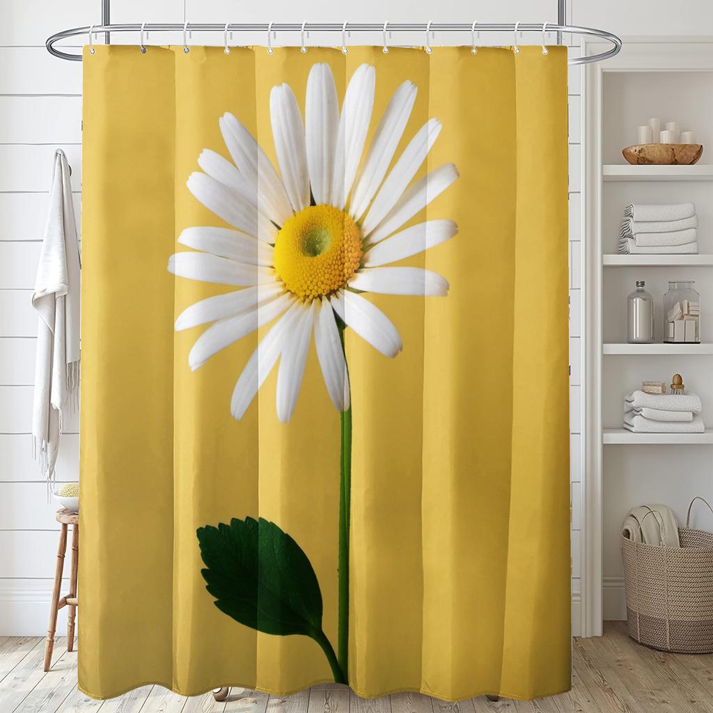 1pc Daisy Print Polyester Shower Curtain, 71x71 Inches, Yellow Background with White Daisies & Green Leaves, All-Season Bathroom