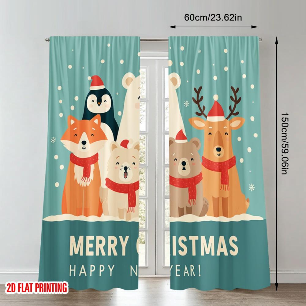 2pcs 2D flat printing Fashionable Christmas Curtains Cute Christmas Animals Merry New Year Digital Printed Polyester Drapes