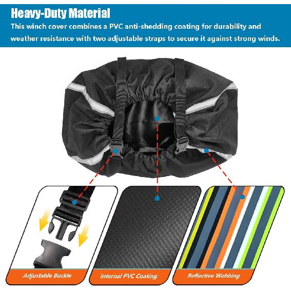 Winch Cover, Waterproof Dustproof Winch Protection Cover With Reflective Ribbon For 8000-13500 Lbs Electric Winch (Black Ribbon)