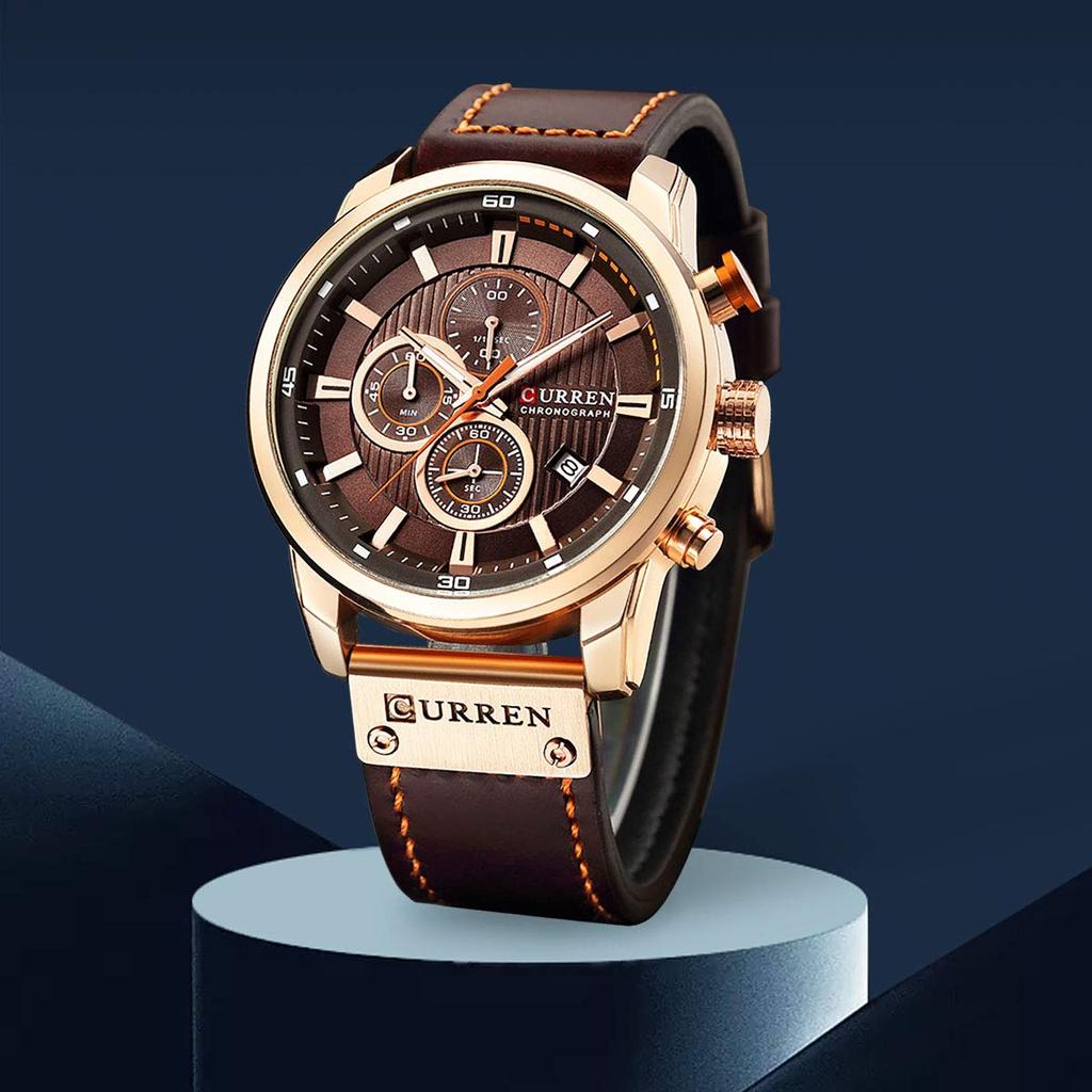 Men's Leather Strap Military Watch Men's Chronograph Waterproof Sport Wrist Date Quartz Wristwatch Gift (Gold Braun), Gold Braun, Chronograph, Quartz