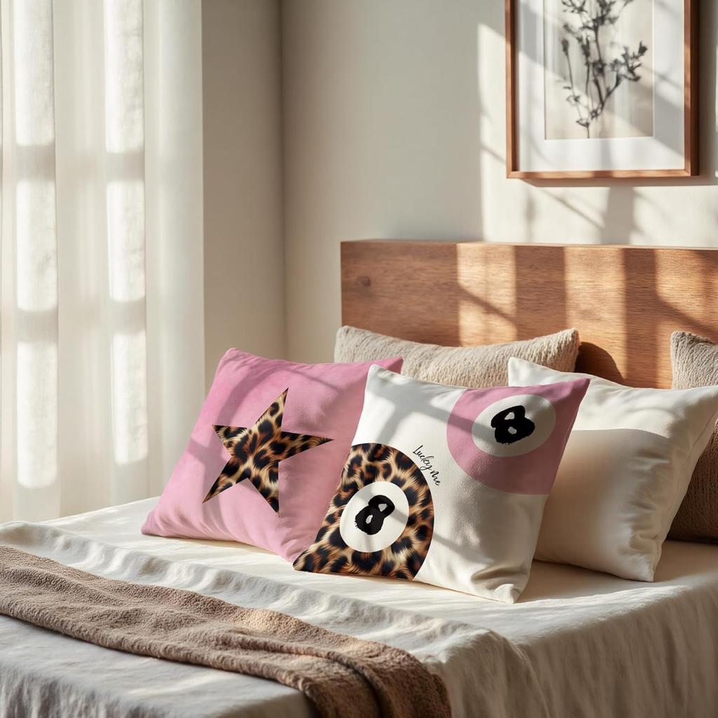 Trendy Funky Cheetah Pink Y2K Luck 8 Ball Pillow Covers 18x18 Set of 2,Cheetah Leopard Lover Gifts for Women,Coquette Preppy Pillow Covers for Girls