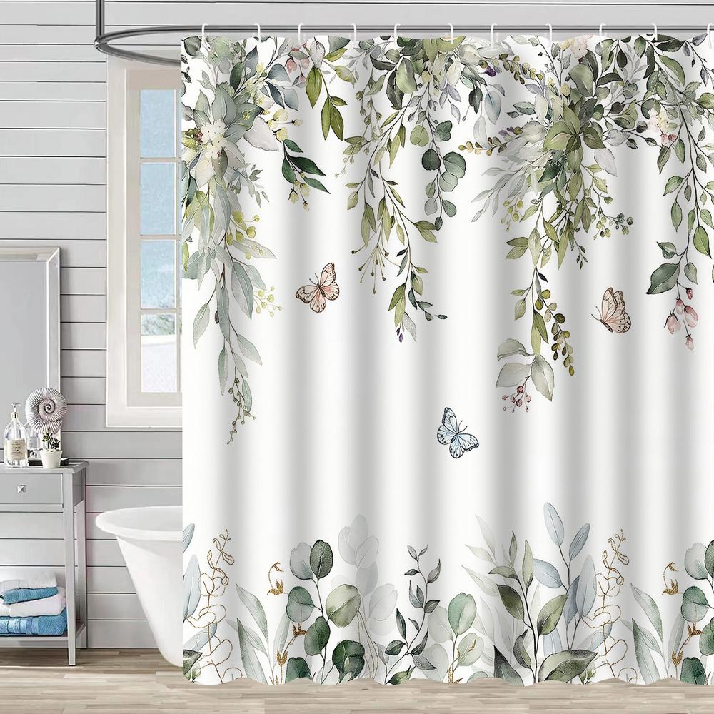 Bathroom Floral Shower Curtain, Retro Flower Farmhouse Flower Plant Butterfly Animal Bohemia, Bathtub Shower Curtain With Hooks