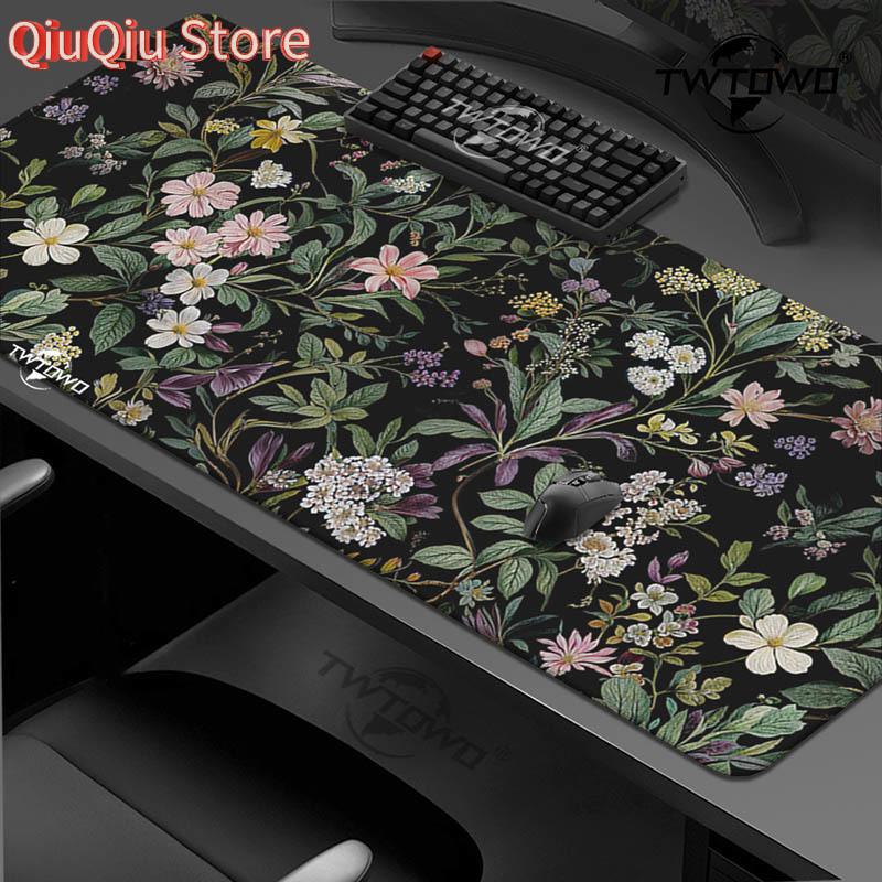 Grüne Blätter und Rosa Blumen Mauspade Gamer XL Großes Mauspade XXL Mechanische Tastaturunterlage Natürlicher Gummi Weiche Tischmatte