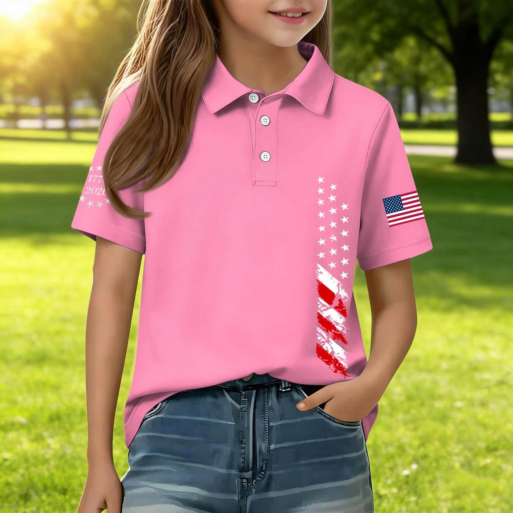 Kids Casual Short Sleeve Polo Shirt with Patriotic Flag Print Lightweight Breathable Cotton Blend Summer Tee for Boys and Girls