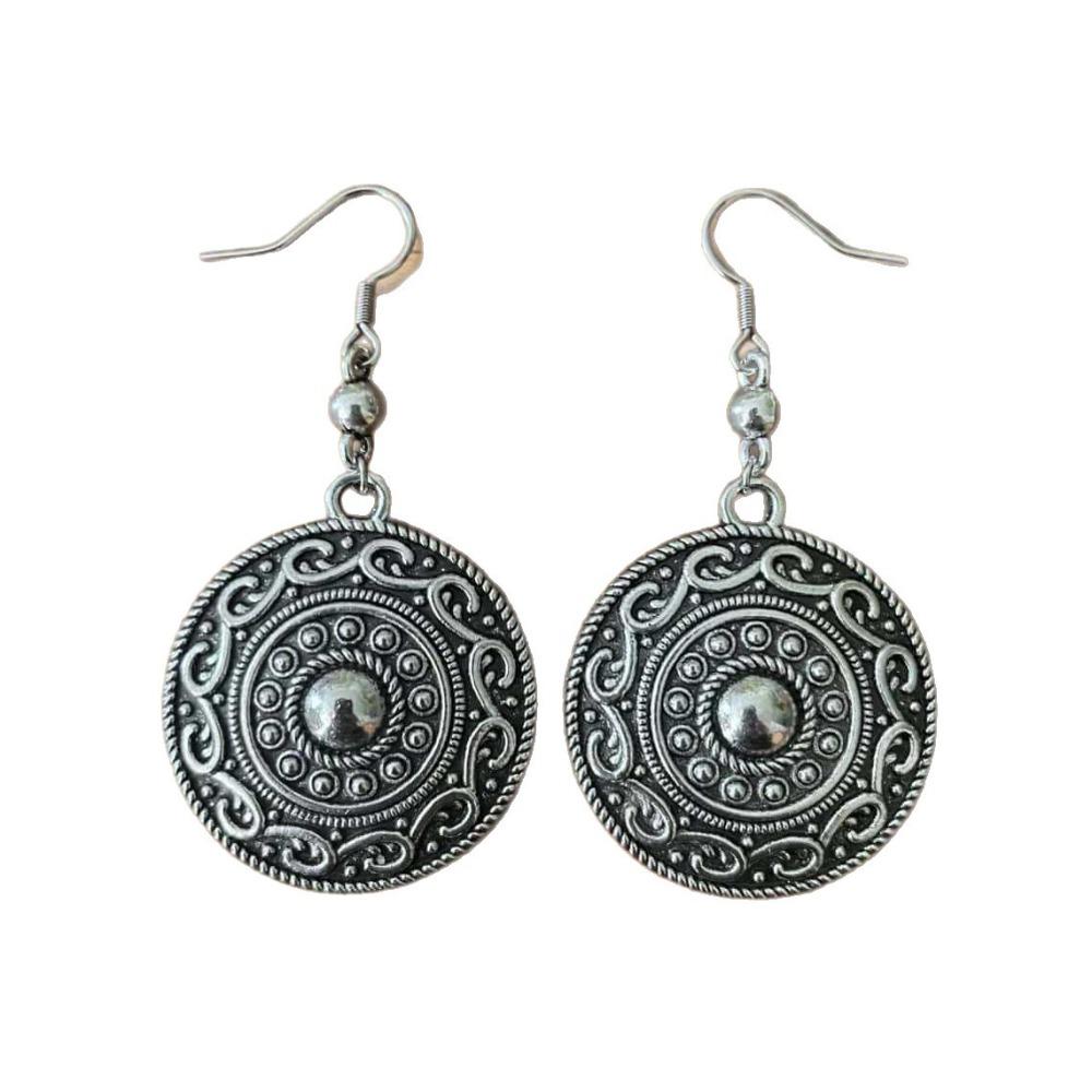 Vintage Ethnic Engraved Disc Shield Drop Earrings for Women Men Nordic Viking Tribal Warriors Dangle Earrings Aesthetic Jewelry