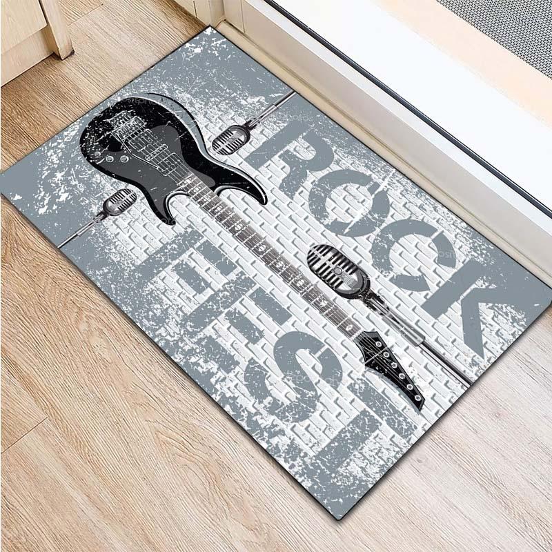 

Rock Music Theme Non-Slip Rug, Guitar and Microphone Print Floor Mat for Living Room Bedroom Modern Home Decor 40x60cm