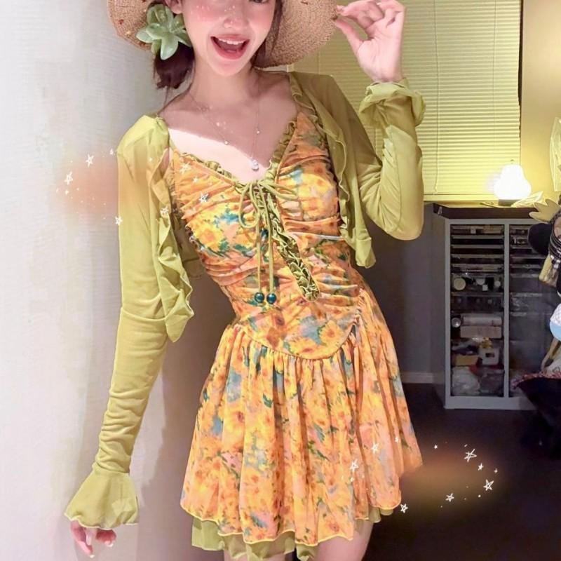 

Retro Sunflower Printed One-piece Skirt Swimsuit Shows Slimming Belly-covering Conservative Hot Seaside Vacation M