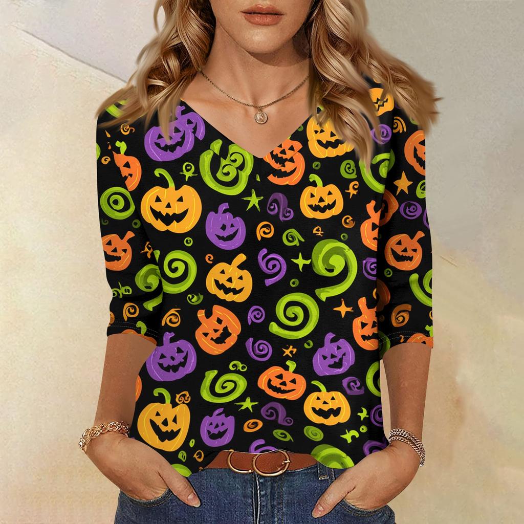 Women’s Casual Halloween Print V Neck Three Quarter Sleeve Top Loose Fit Pullover Blouse for Autumn Daily Wear
