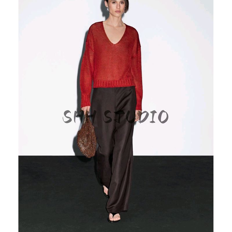 MD New Fall Women's Clothing Minimalist Wind Light Linen Blend V Neck Sweater Long Sleeve Knitwear 5661575