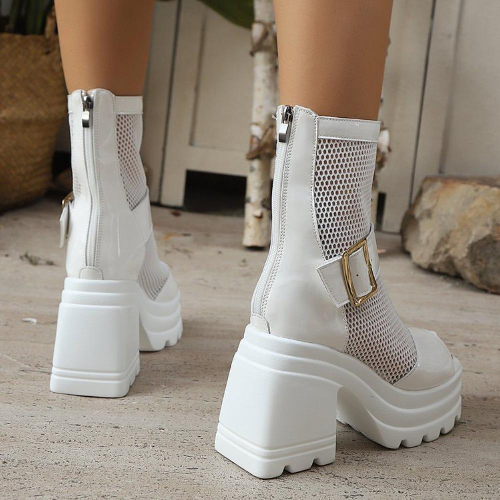 Fashion Chunky Heel Sandals Summer New Round Head Open Toe Splicing Mesh Metal Buckle Back Zipper Waterproof Platform High Heels
