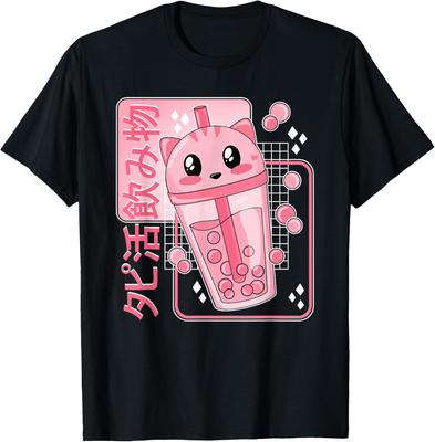 Kawaii Cat Boba Tea Drink Life Graphic T-Shirt Japanese Anime Style Cute Bubble Tea Tee for Girls