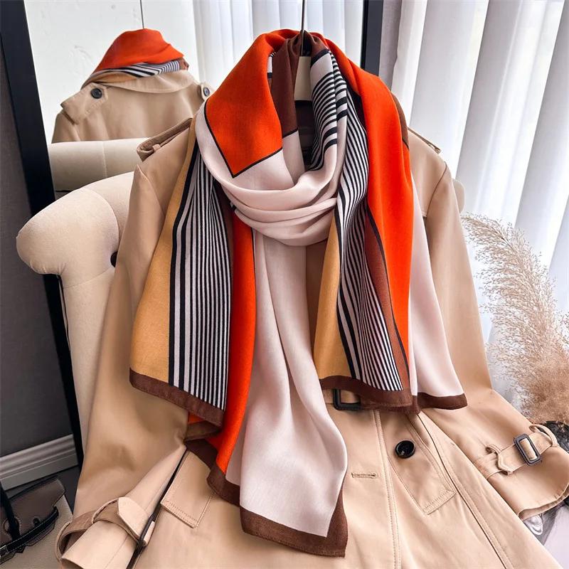 

New Luxury Scarves Classic British Silk Scarf Women Cotton Linen Sun Protection Shawl Headscarf Shawl Fashion Wraps Foulard 178X66cm
