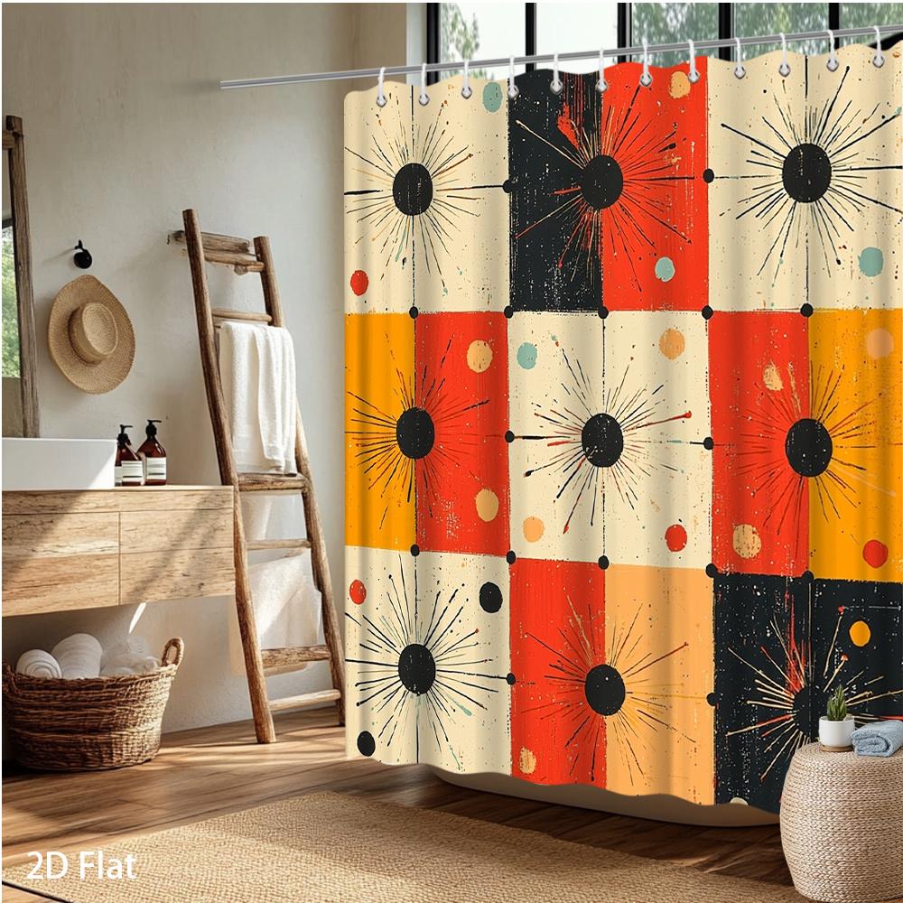 Modern Retro Geometric Shower Curtain – Bold Color Blocks & Dot Patterns, 2D Flat Design, Machine Washable, Includes Hooks