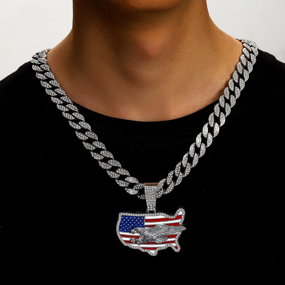American Flag Drip Oil Full Diamond Alloy Pendant American Independence Day Hip Hop Necklace Men's Necklace Jewelry