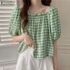  ZANZEA Womens Casual Square Neck Summer Loose Half Sleeve Plaid Blouse