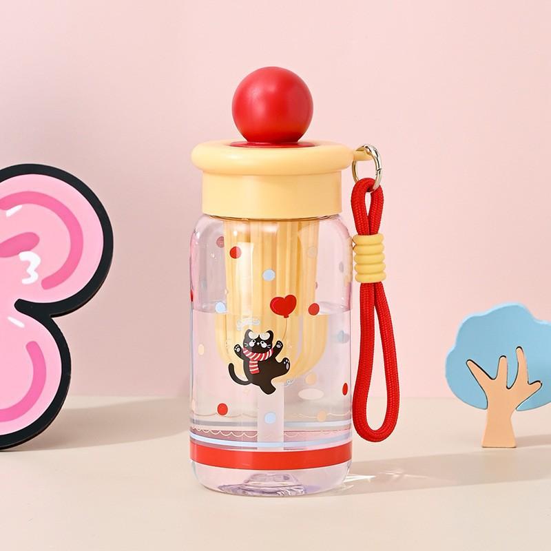 Water bottle summer cartoon cute water cup girl high value portable rope straw cup high temperature anti-drop thickened plastic cup