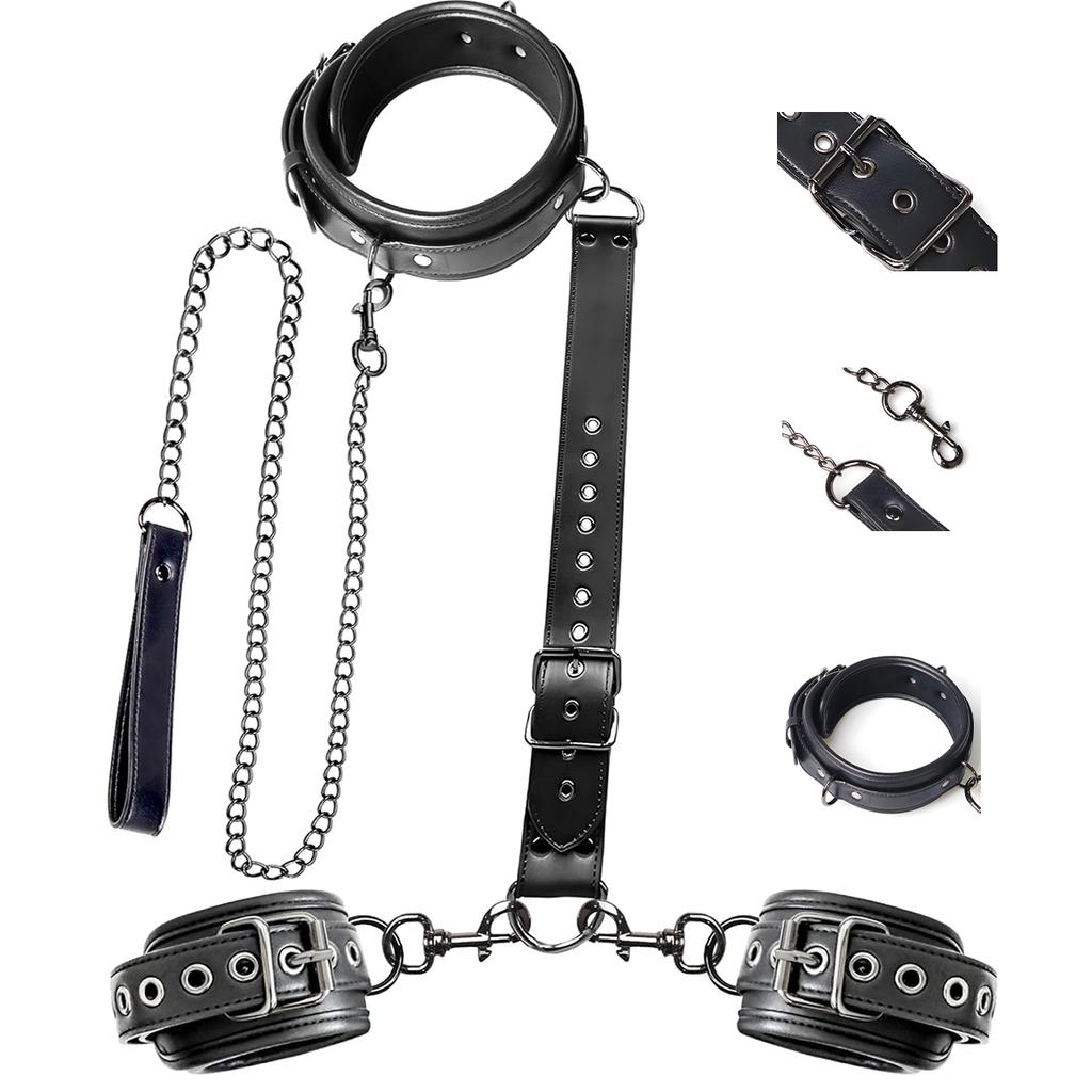 BDSM Bondage Neck to Wrist Restraints Set Leather Kits Sex Bondage Set Sex Games CouplesNeck