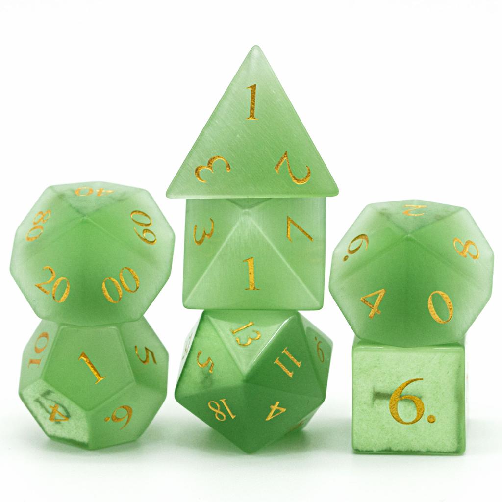Cusdie Cat's Eye Stone DND Dice Handmade D4-D20 Polyhedral Gemstone Dice Set with Leather Box for Tabletop RPG Collection