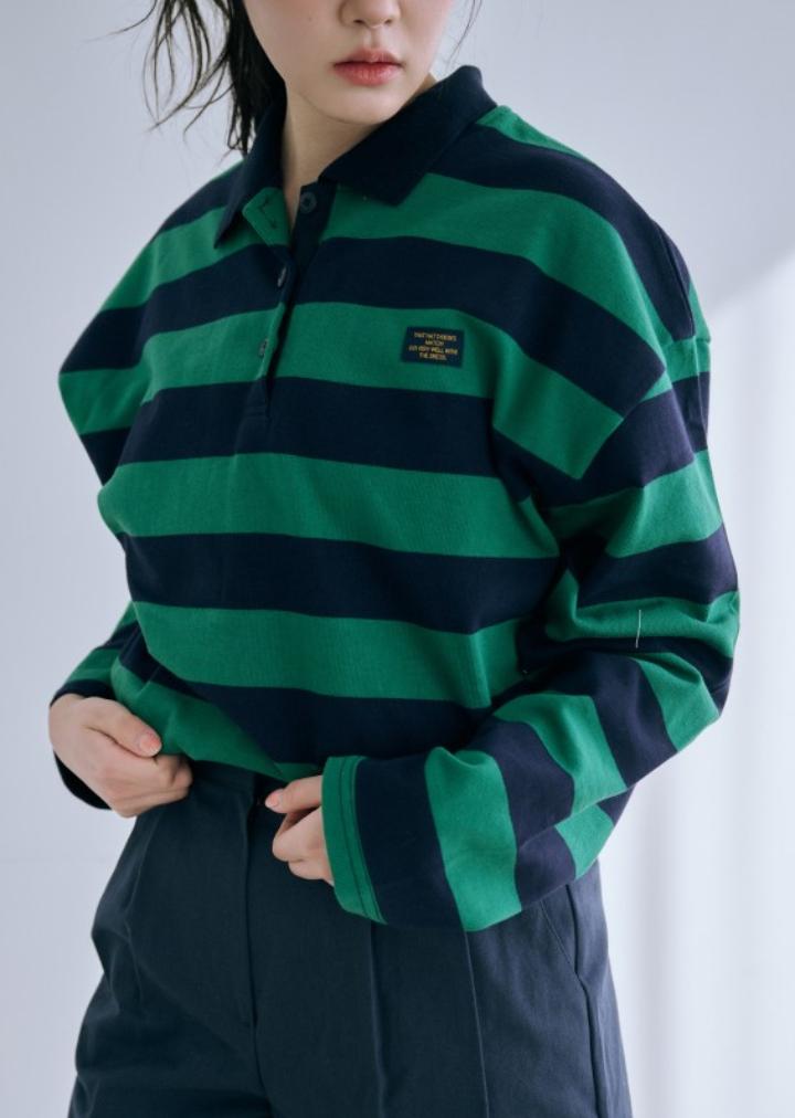 BYSEOWOO Rugby T-Shirt Striped Long Sleeve T-Shirt (Green)