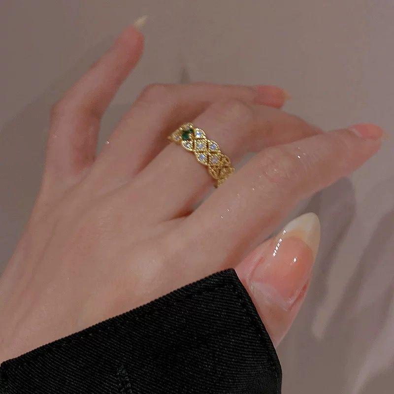 Retro Emerald Four-Leaf Clover Court Style Open Ring (2025 Trend) Adjustable Open Ring