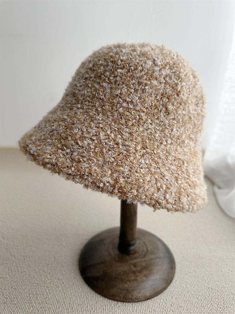 Retro bucket hat women's autumn and winter wool lamb plain face cover big head circumference basin hat versatile thickened warm bucket hat