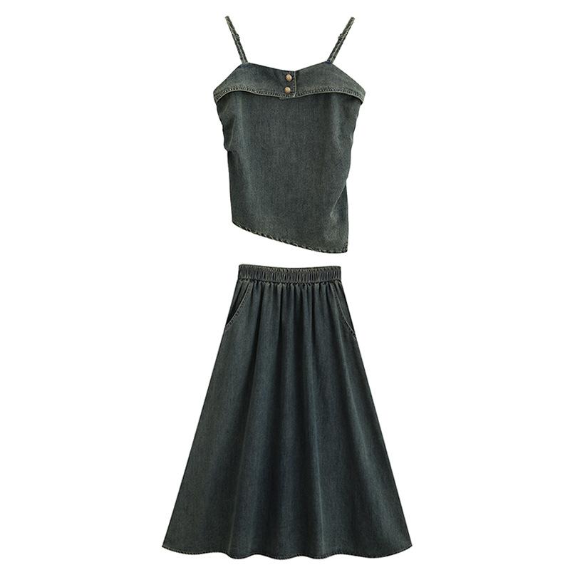 Summer retro washed denim small suspender top + versatile skirt denim two-piece set