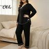 Versatile Two Piece Loungewear Women's Plus Size Pajama Set, Long Sleeve Top And Pants Soft Sleep Sets for Air Conditioned Rooms with Bow, Ruffle