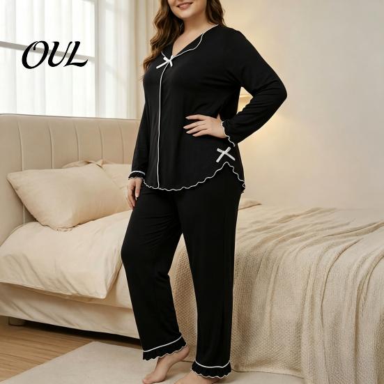 Versatile Two Piece Loungewear Women's Plus Size Pajama Set, Long Sleeve Top And Pants Soft Sleep Sets for Air Conditioned Rooms with Bow, Ruffle