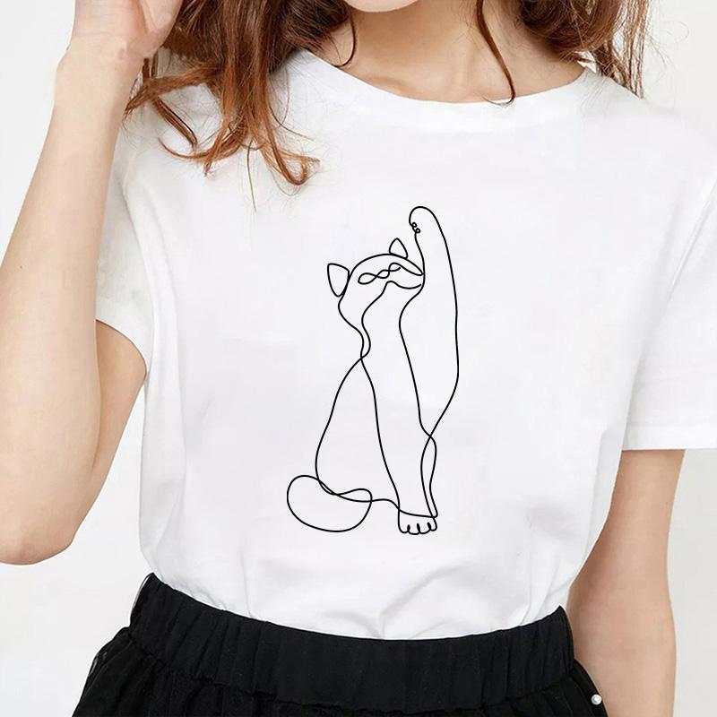 Kawaii Cat Line Drawing Minimalist Print T Shirt Female Harajuku Aesthetic Streetwear Summer Clothes for Women Camisa Masculina