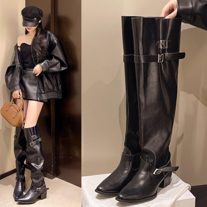 2025 New Over-the-Knee High Boots Fall Winter Pointed Toe Metal Belt Buckle Non-Slip Block Heel Stack Knight Boots