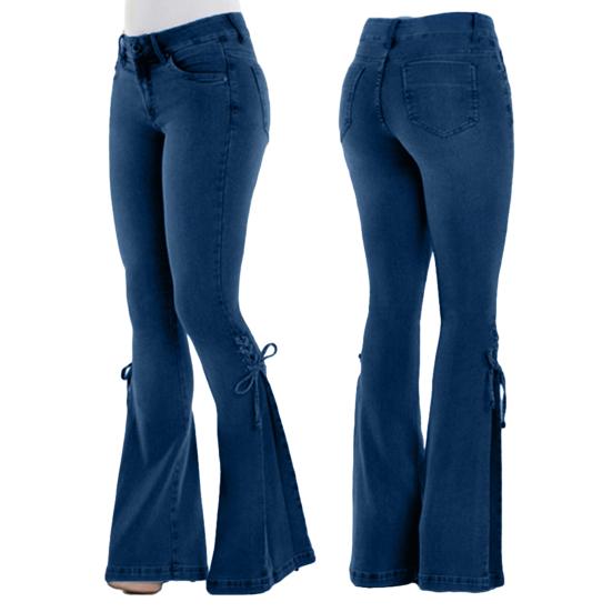 Plus Size Women Vintage Flare Jeans?Lace Up Bow Skinny Wide Leg Denim Pants