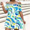 Women Plus Size Cold Shoulder Chain Strap Short Sleeve Printed Loose Dress Pink Purple White