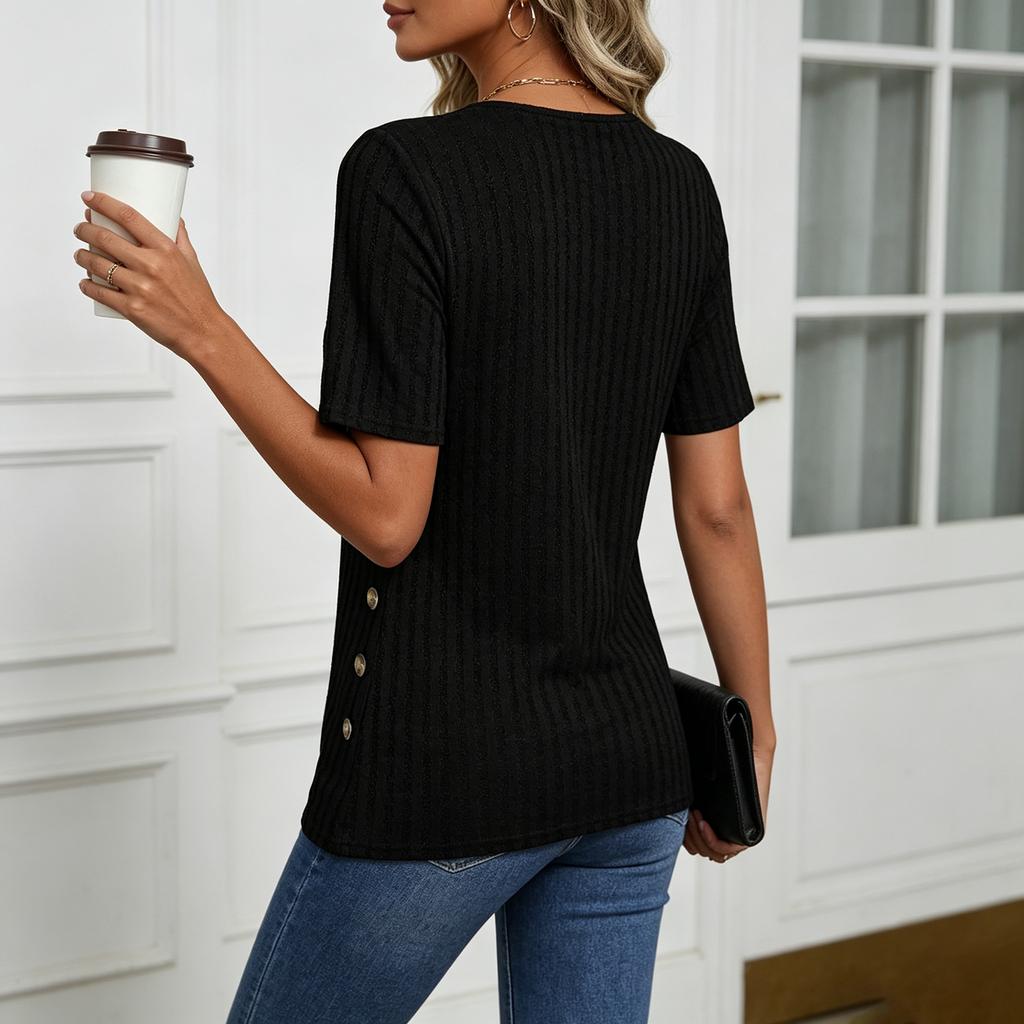 Women Short Sleeve Ribbed Knit Top Button Detail Round Neck Asymmetric Hem Casual Blouse Lightweight Soft Fabric