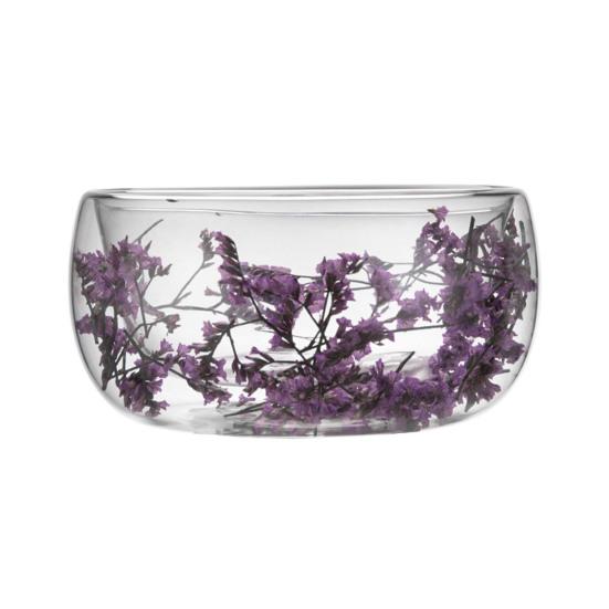 Bol de Sticlă 300ml cu Perete Dublu din Sticlă Borosilicată cu Flori Uscate Bol Decorativ Artistic pentru Supă Desert