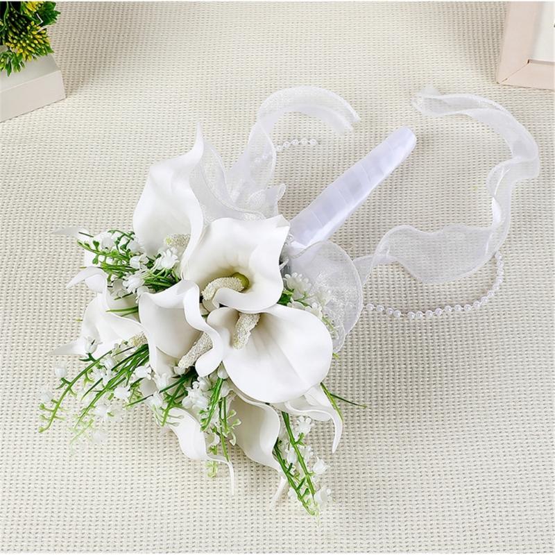 Artificial Silk Flower Bride Handheld Bouquet Wedding Flower Arrangement with Ribbon Design for Ceremony Engagement