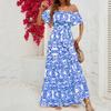 Women's Dress Summer European and American New Women's Clothes off-Shoulder Short Sleeve Print Ruffles Maxi Dress