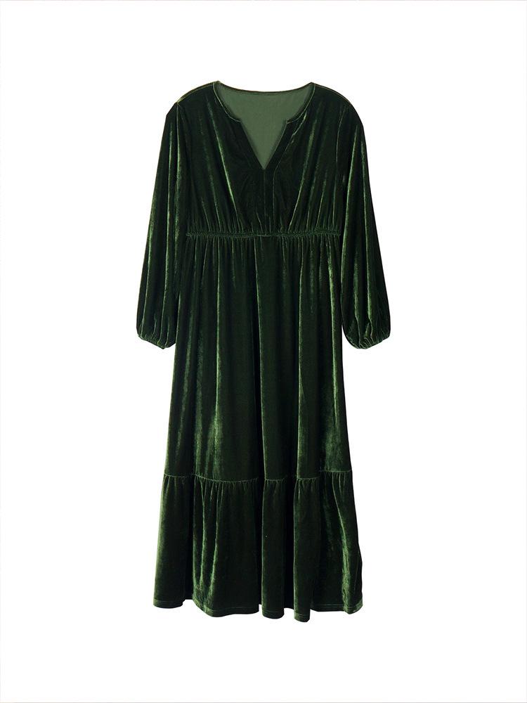 Plus Size Velvet Lantern Sleeve Slit V-neck Dress for Women (2025)