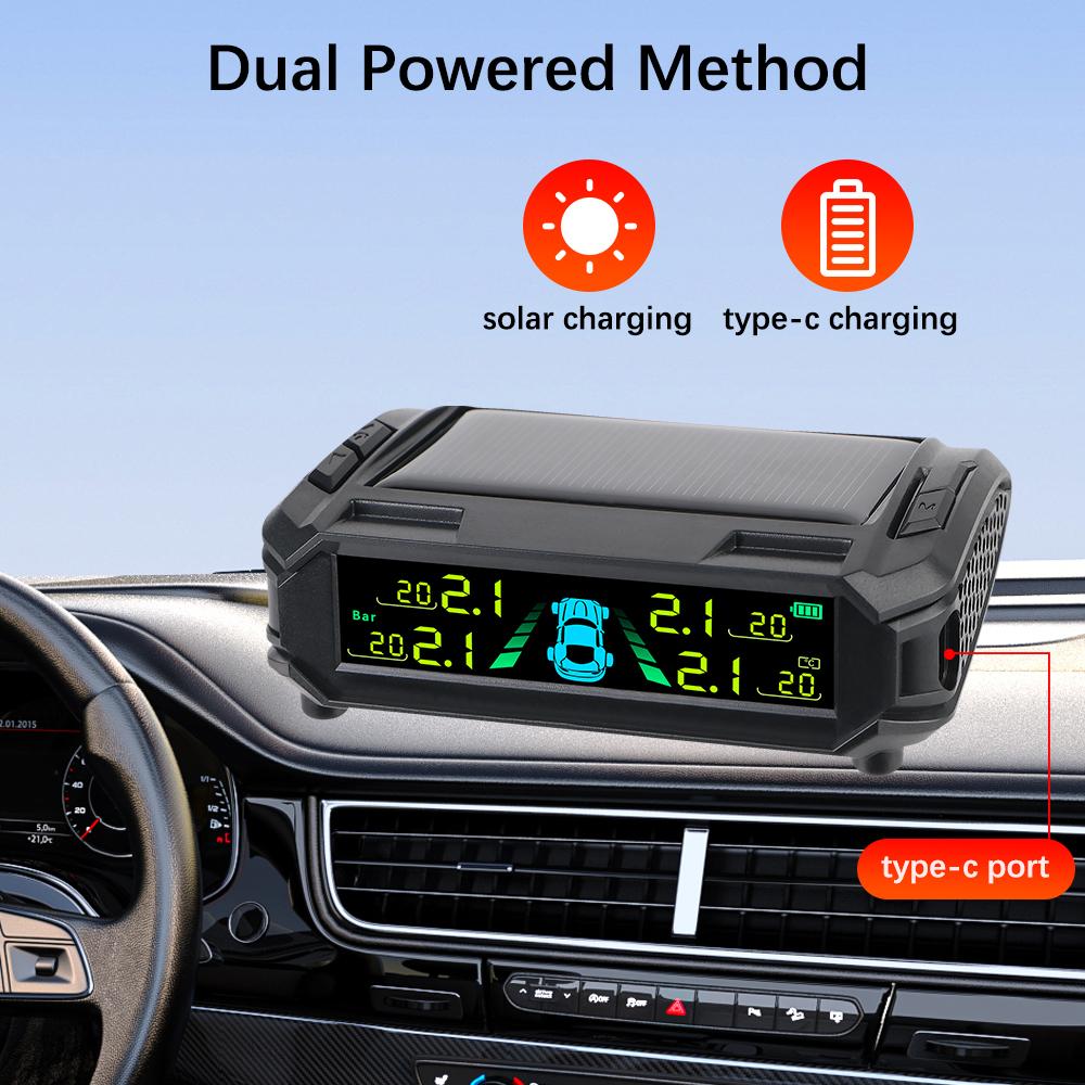 Car Tire Pressure Monitoring System Digital LCD Display Auto Security Alarm Systems USB / Solar TPMS Tyre Temperature Monitor