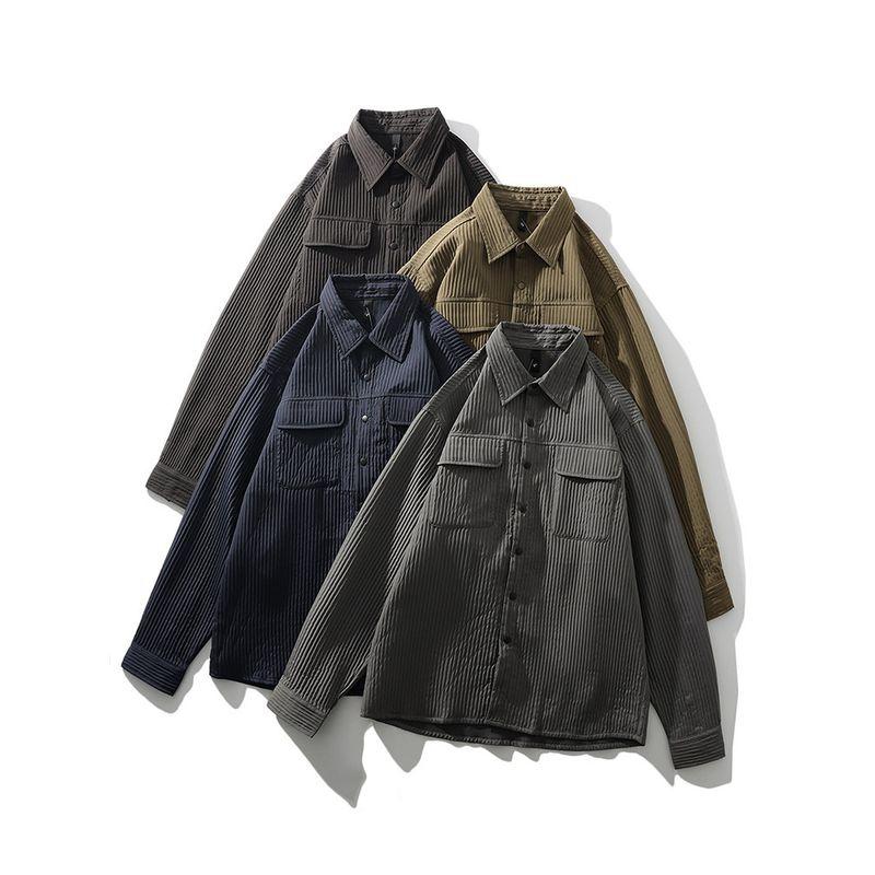 American vintage Pleat Vertical Stripes Lightweight Cargo Shirts Men's Spring/Summer Lapel Outerwear Foreign Trade Men's Casual Shirt