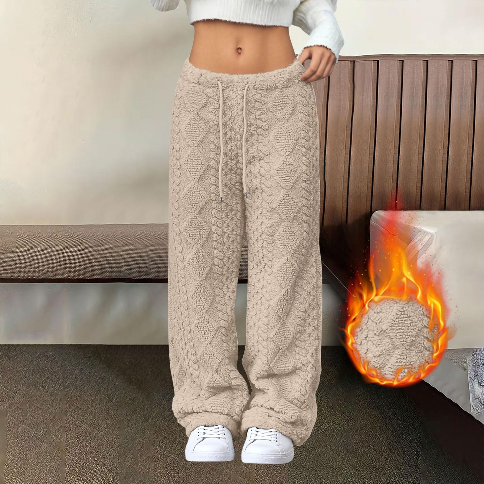 

Women s Fashionable Loose-Fit Trousers Sporty Fleece-Lined Solid-Colour Long Trousers L бежевий