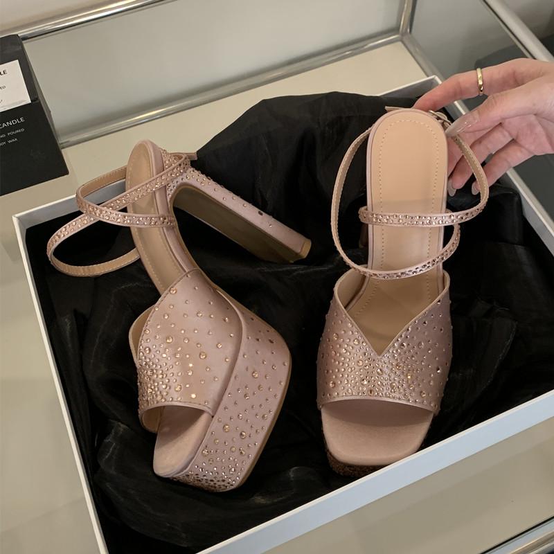 Fashion Fashion Rhinestones Satin Platform Wedges Women Gladiator Sandals Sexy Ankle Strap High heels Summer Party Prom Chunky Shoes