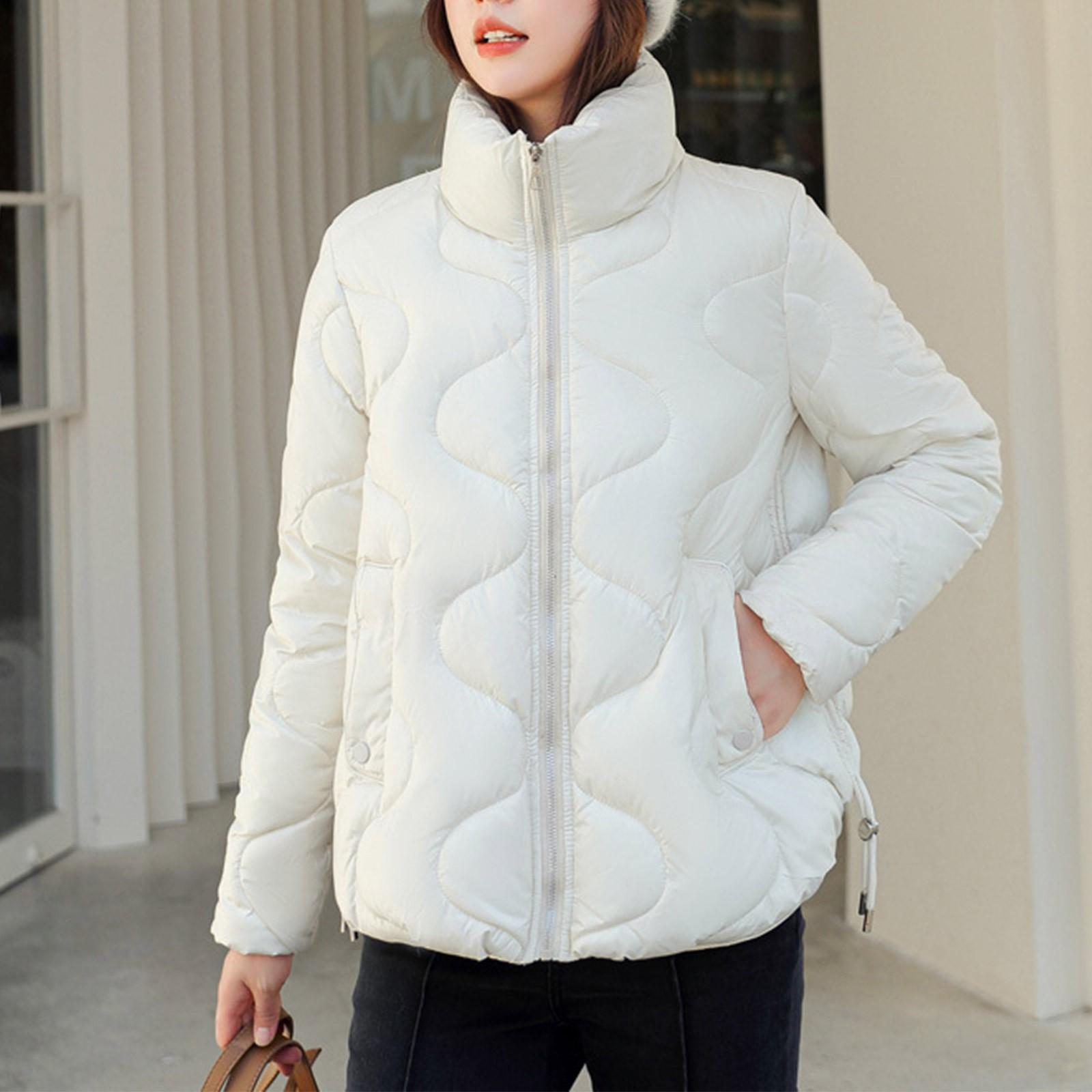 

Женское однотонное теплое хлопковое пальто с воротником-стойкой и длинными рукавами и карманами, хлопковая куртка M белый