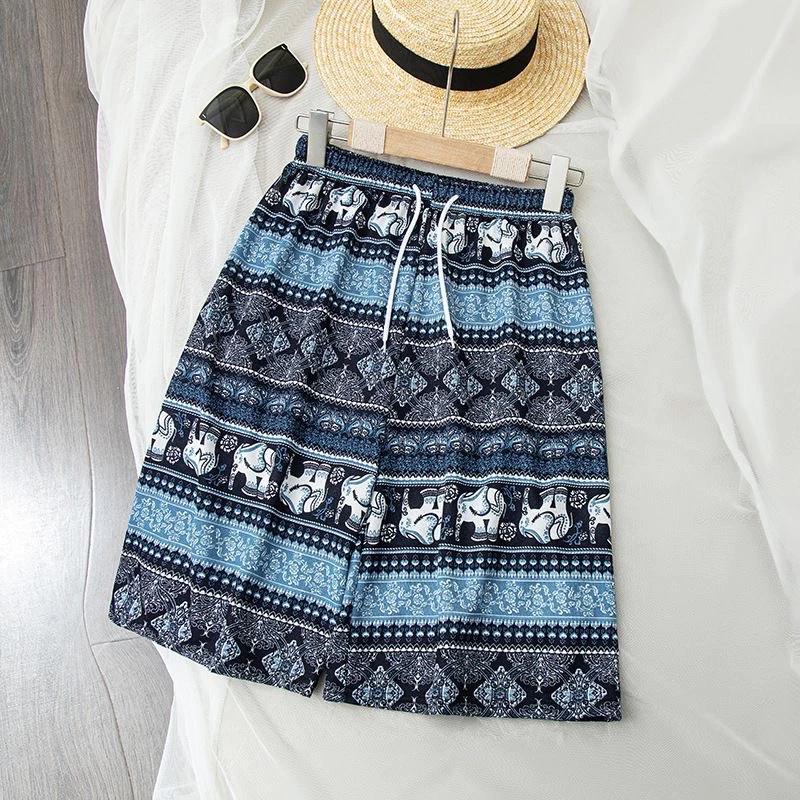 Elephant Pants Shorts Casual Adjustable Elastic High Waistband Strap Rope Women Men Unisex Print Thailand Streetwear Beach Bohemian Retro Vintage