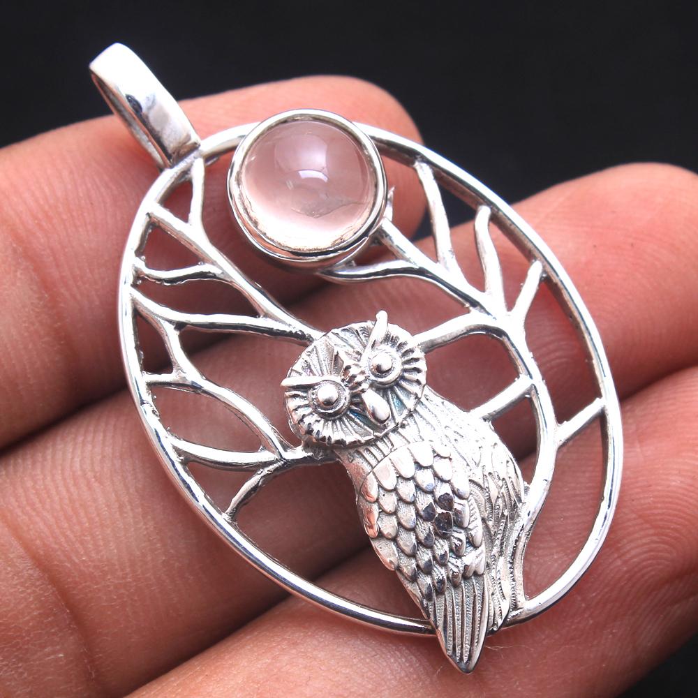 Owl Pendant, Sliver Pendant, 925 Sterling Silver Handmade Jewelry, Gemstone Jewelry, amethyst Labradorite Rose quartz Larimar pendant