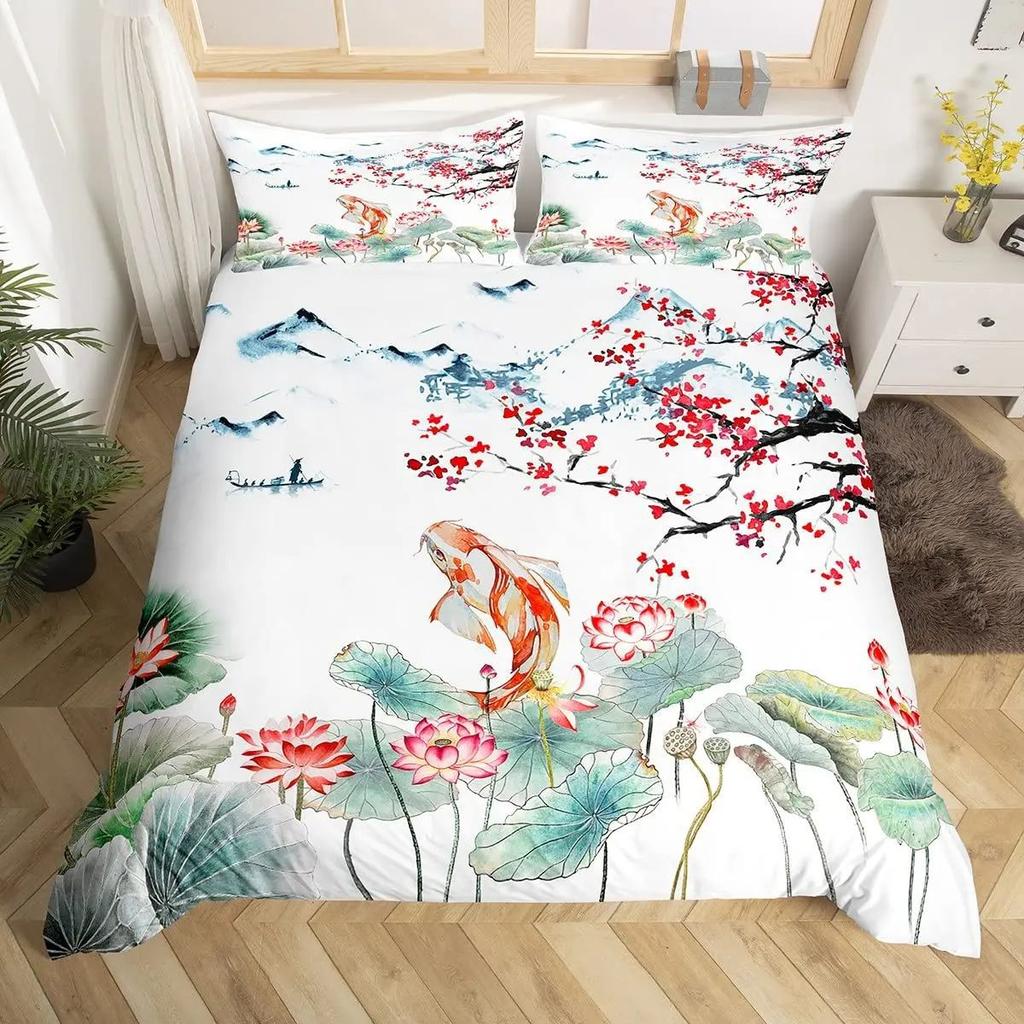 Japanskt Ukiyo-E Påslakanset Hokusai-mönster Sängklädesset Med Örngott Påslakan Tredelat Set