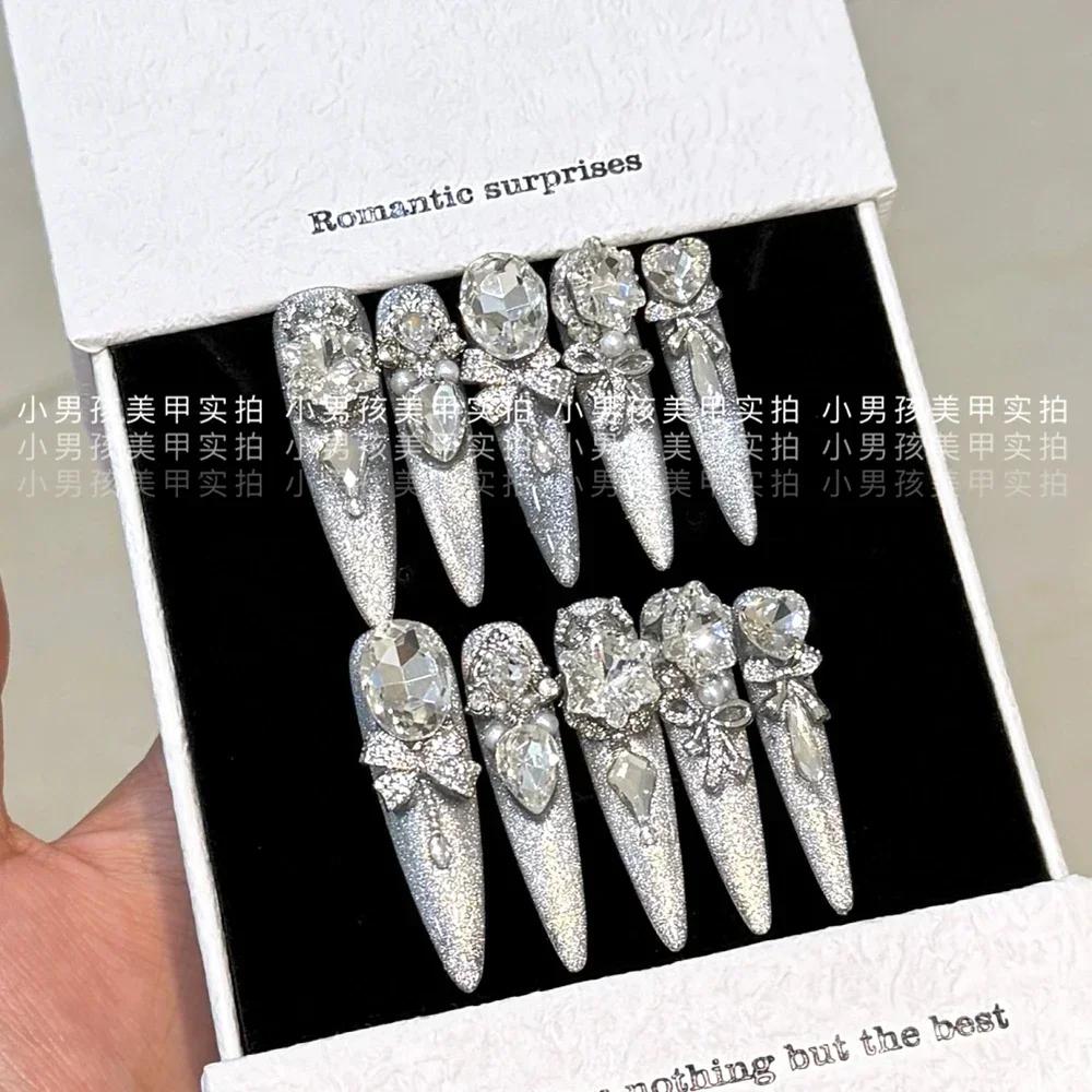 10Pcs Luxury Handmade Long Stiletto Press On Nails 3D Sparkling Diamond Bow Pearl Flower Full Cover Fake Nails