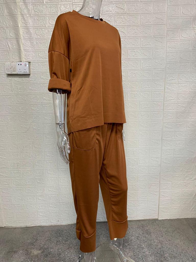 2025 European & American Women's Autumn Two-Piece Set: Casual Loose Solid Color Crew Neck Top & Nine-Point Pants
